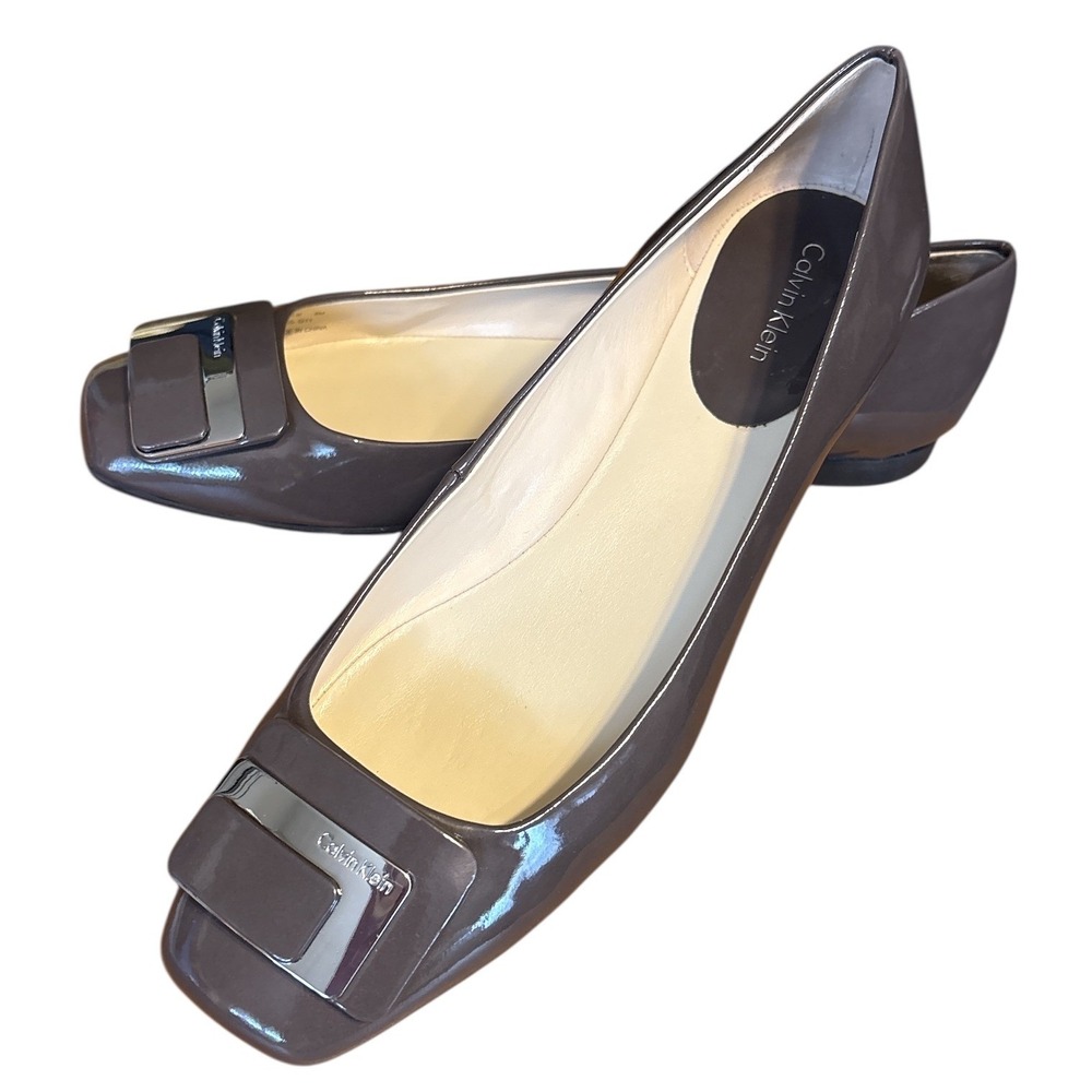 Calvin Klein Payzlie Brown Patent Leather Square Toe Flats